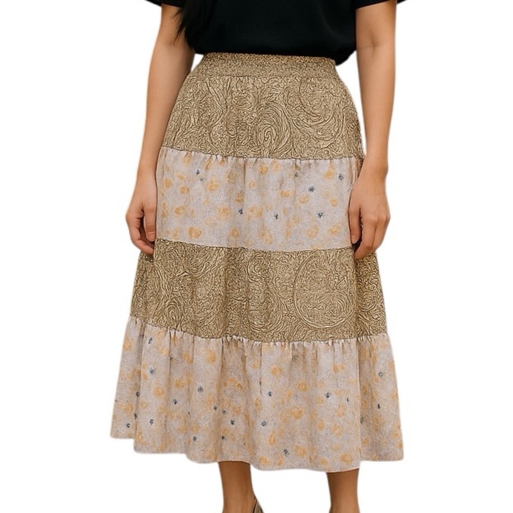 Vintage Lots Of Love S Brown Yellow Floral Paisley Prarie Style Maxi Skirt